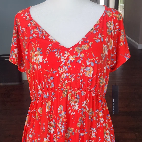 Maggy London Coral MULTI Floral Tiered Babydoll Dress Size: M - Picture 4 of 11